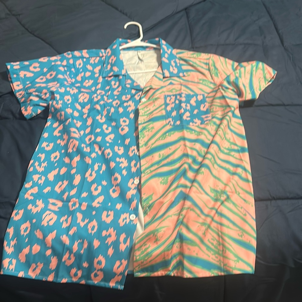 Large colorful leopard and tiger print shirt. Pink/blue cruising